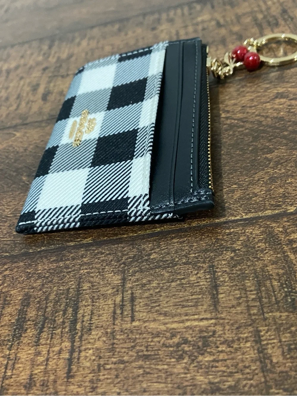 Coach Mini Skinny ID Case Black and White Gingham Print with Cherry Charm